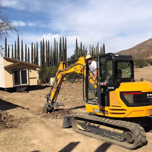 A construction worker operates an excavator near a small building, surrounded by tall cypress trees under a clear blue sky.